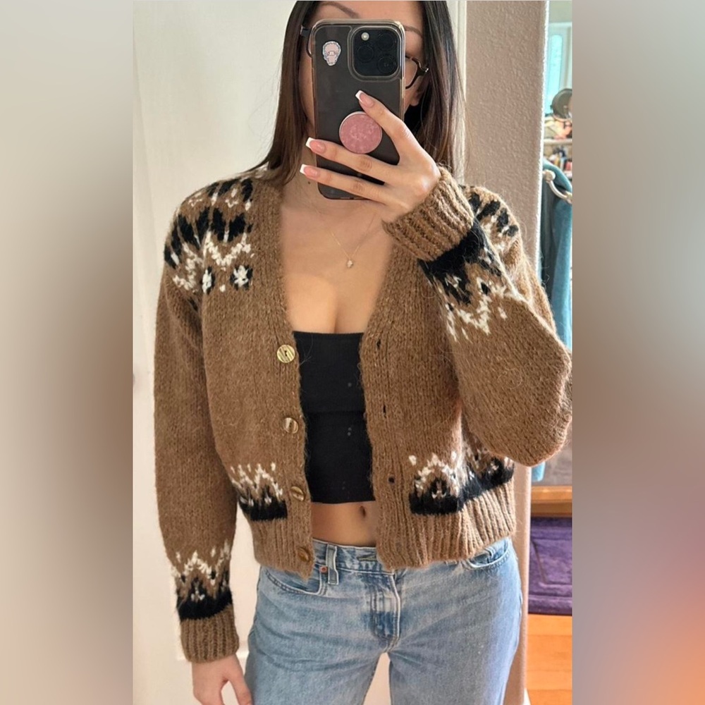 Brown, black and cream cardigan with buttons. Perfect for fall.